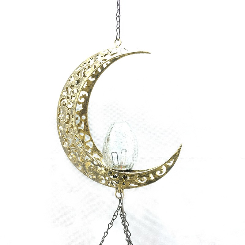 Outdoor Crackle Bead Golden Moon Wind Chimes Solar Wall Light